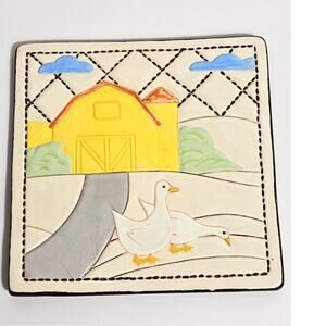 80s Vintage Farmhouse Geese Tile Quilted Trivet Wall Decor